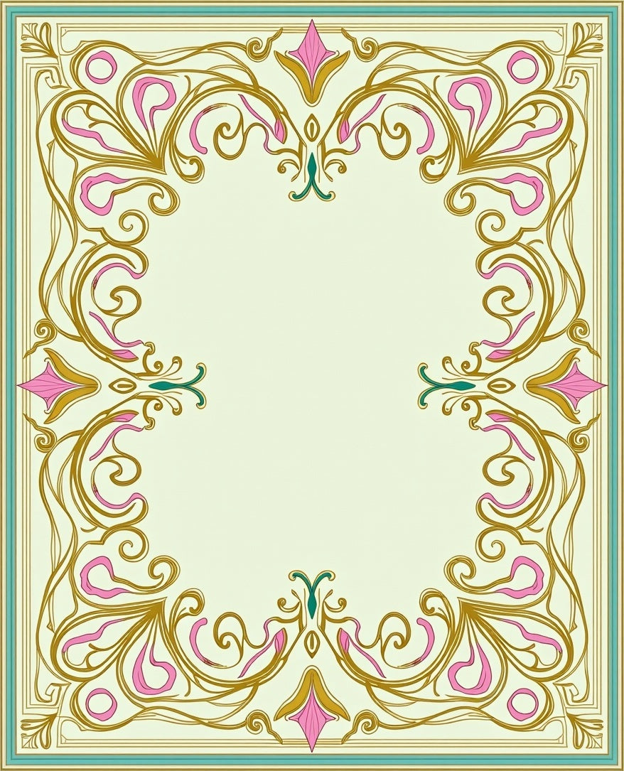 Ornate Gold Pink Teal Floral Border Rug