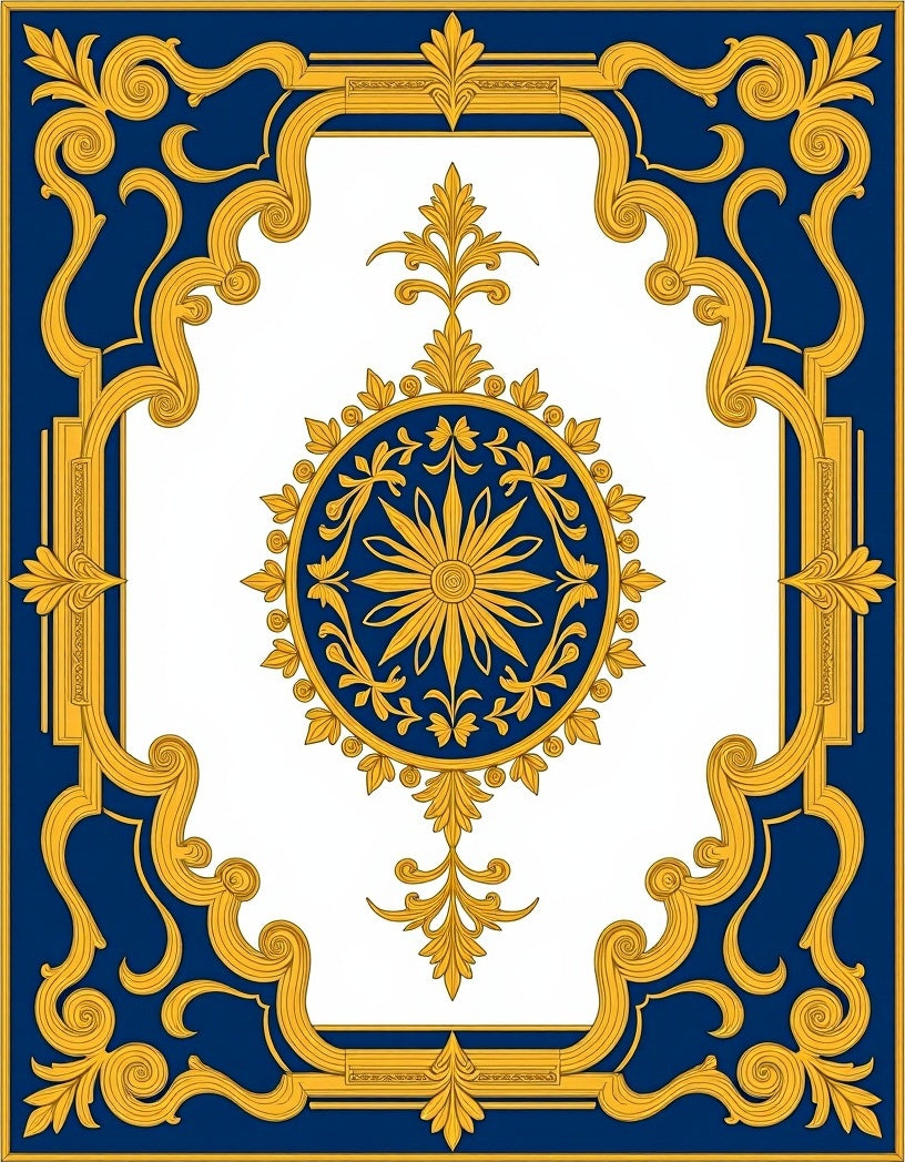 Elegant Blue Gold Ornate Medallion Rug
