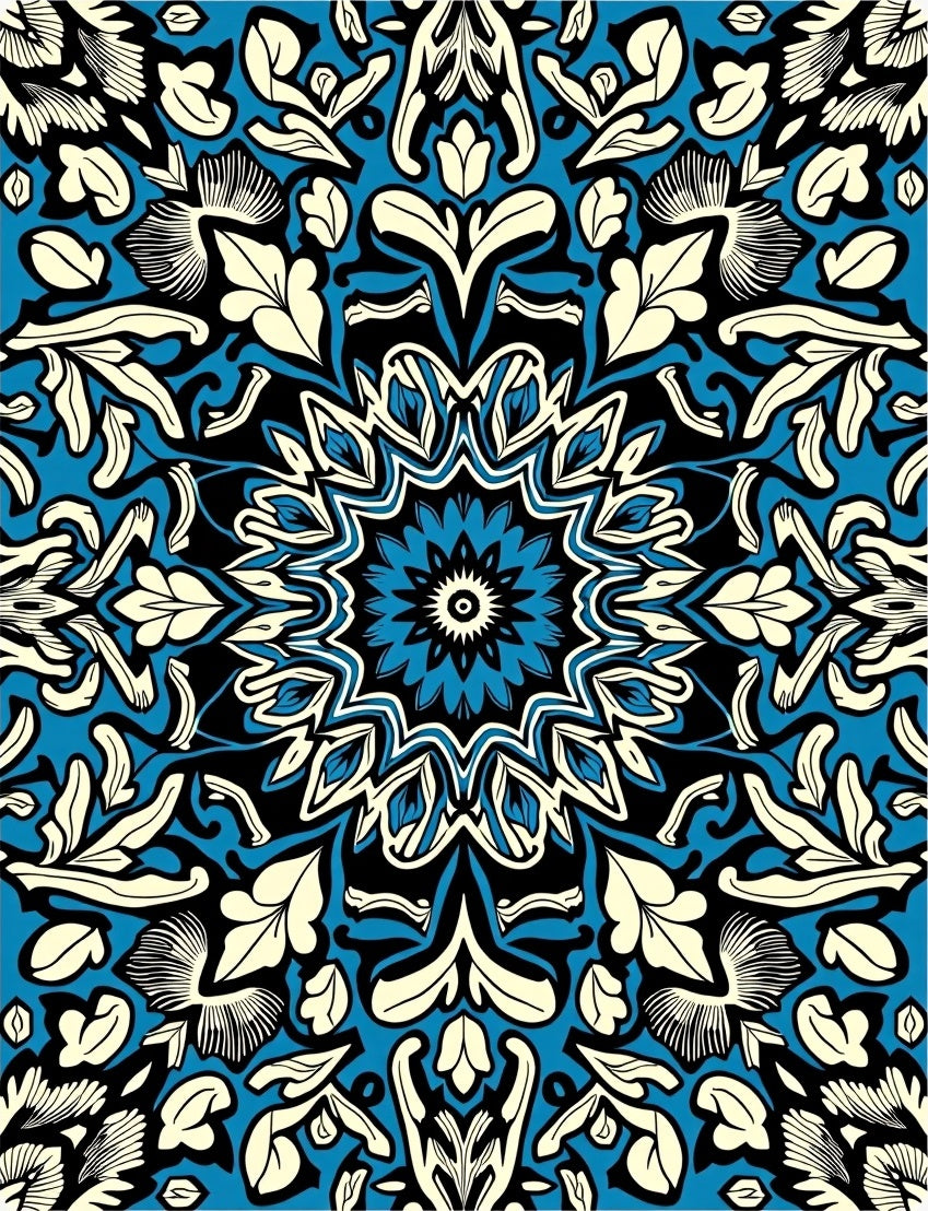 Blue Black Cream Floral Mandala Rug