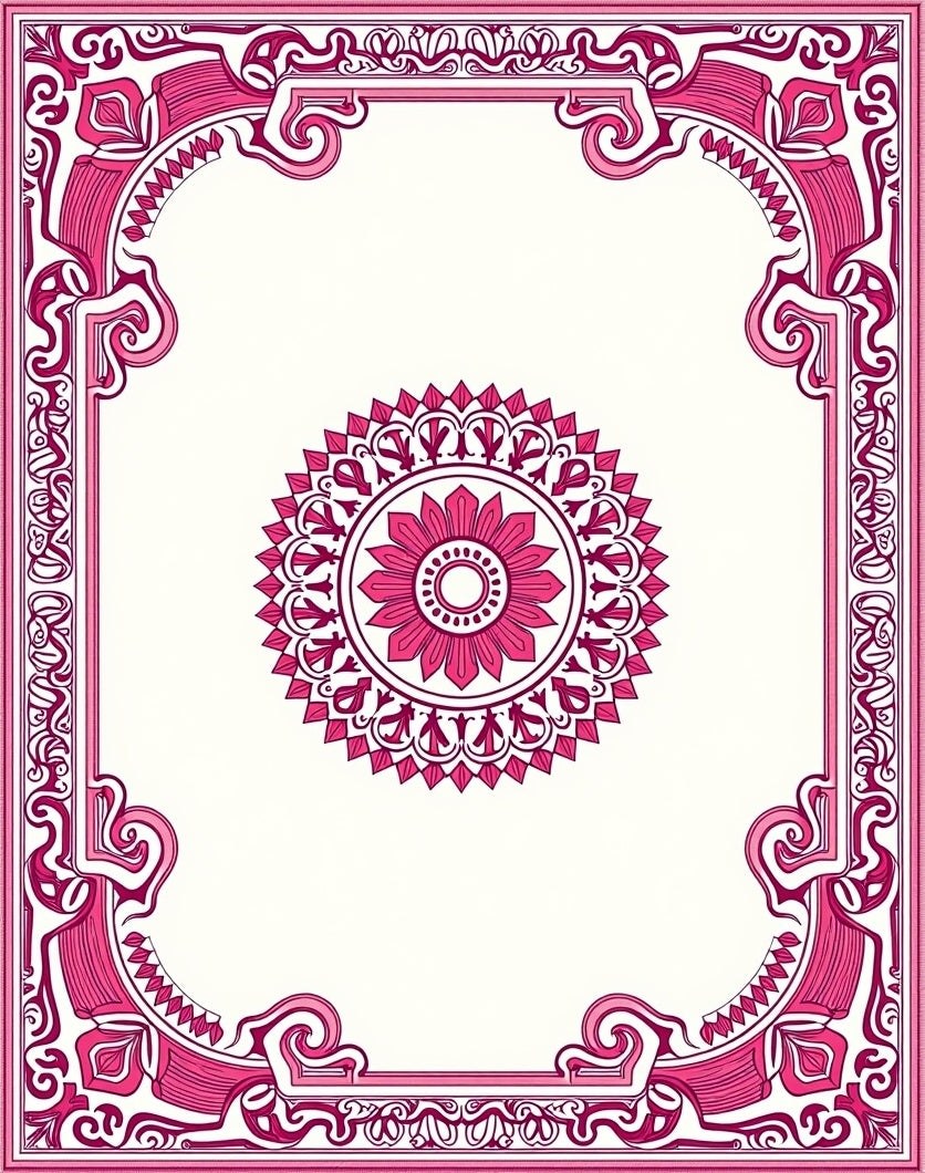 Ornate Pink Mandala Floral Border Rug