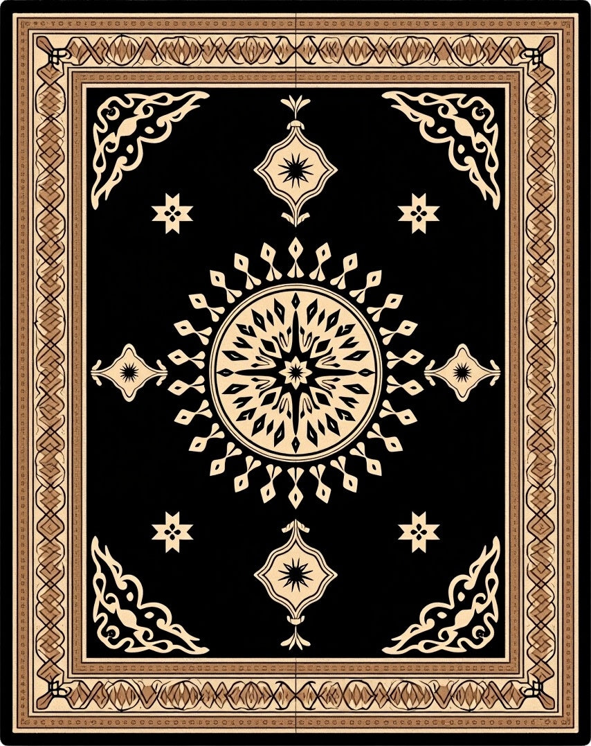 Ornate Black Cream Sunburst Pattern Rug