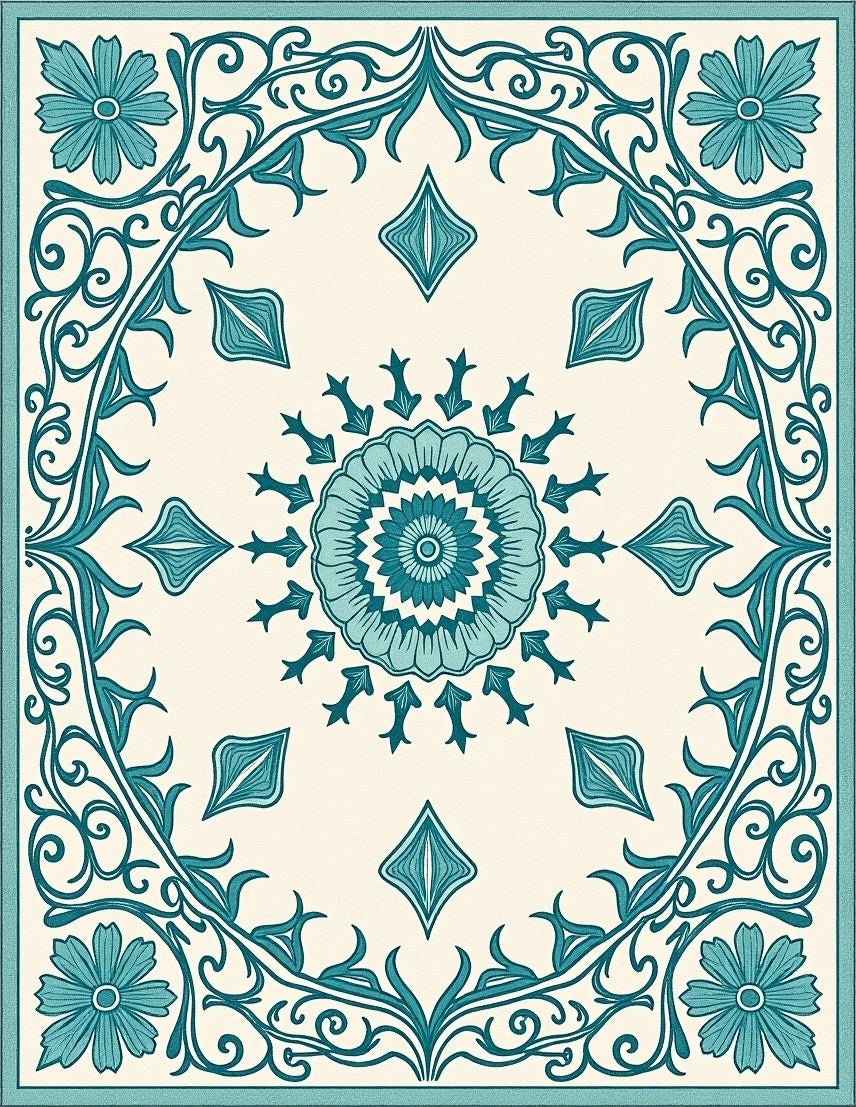 Teal Floral Medallion Vine Pattern Rug