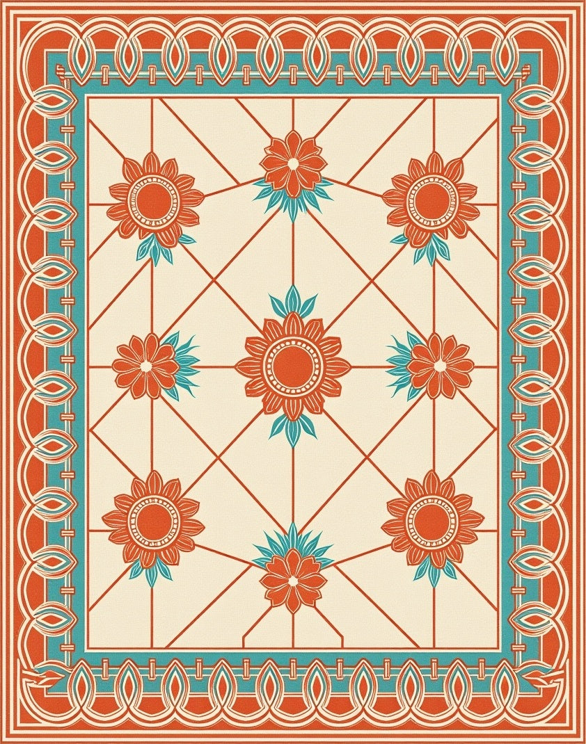 Vintage Floral Patterned Geometric Rug