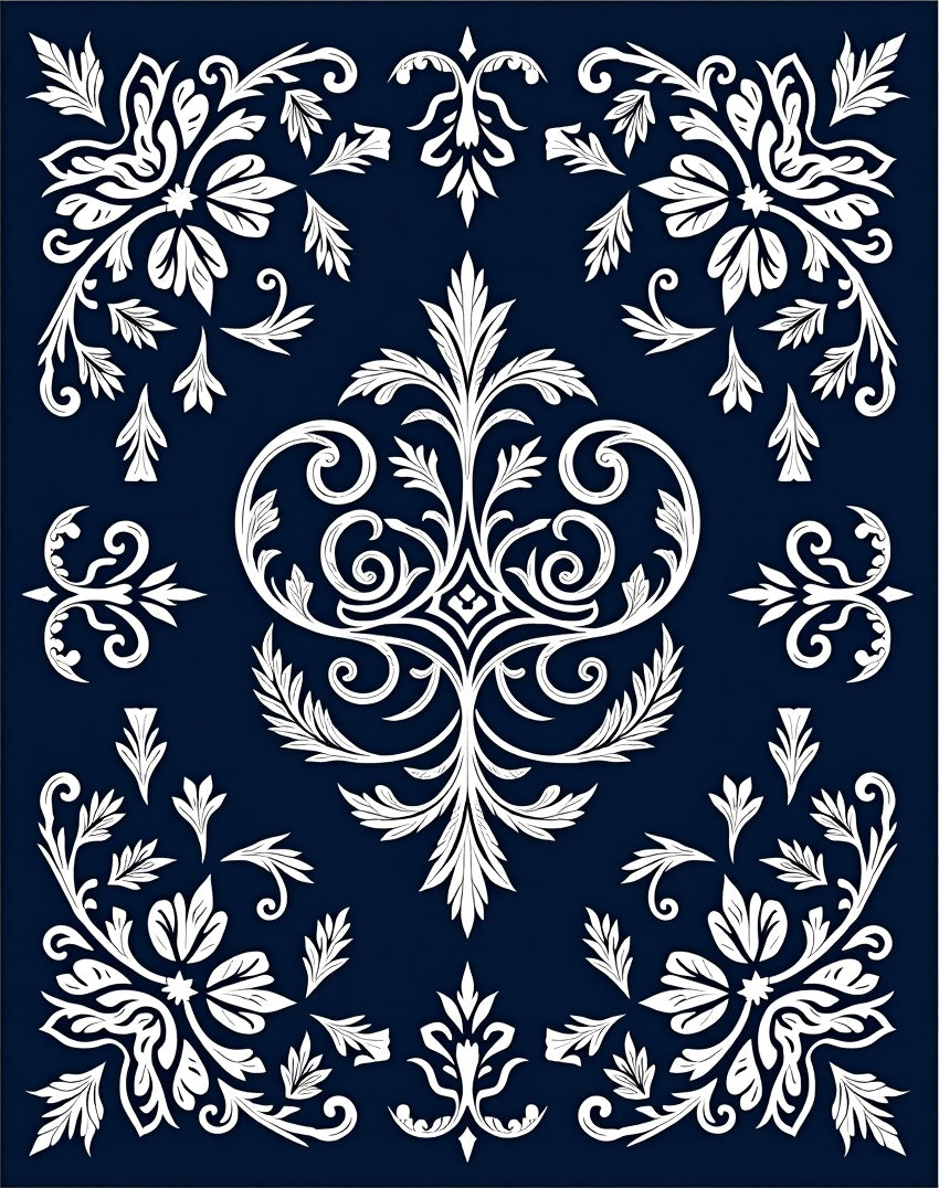 White Floral Filigree Damask Pattern Rug