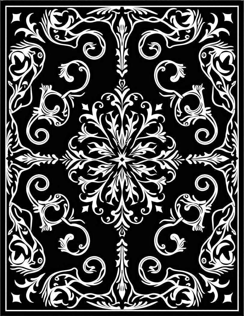 Intricate Black White Floral Scroll Pattern Rug