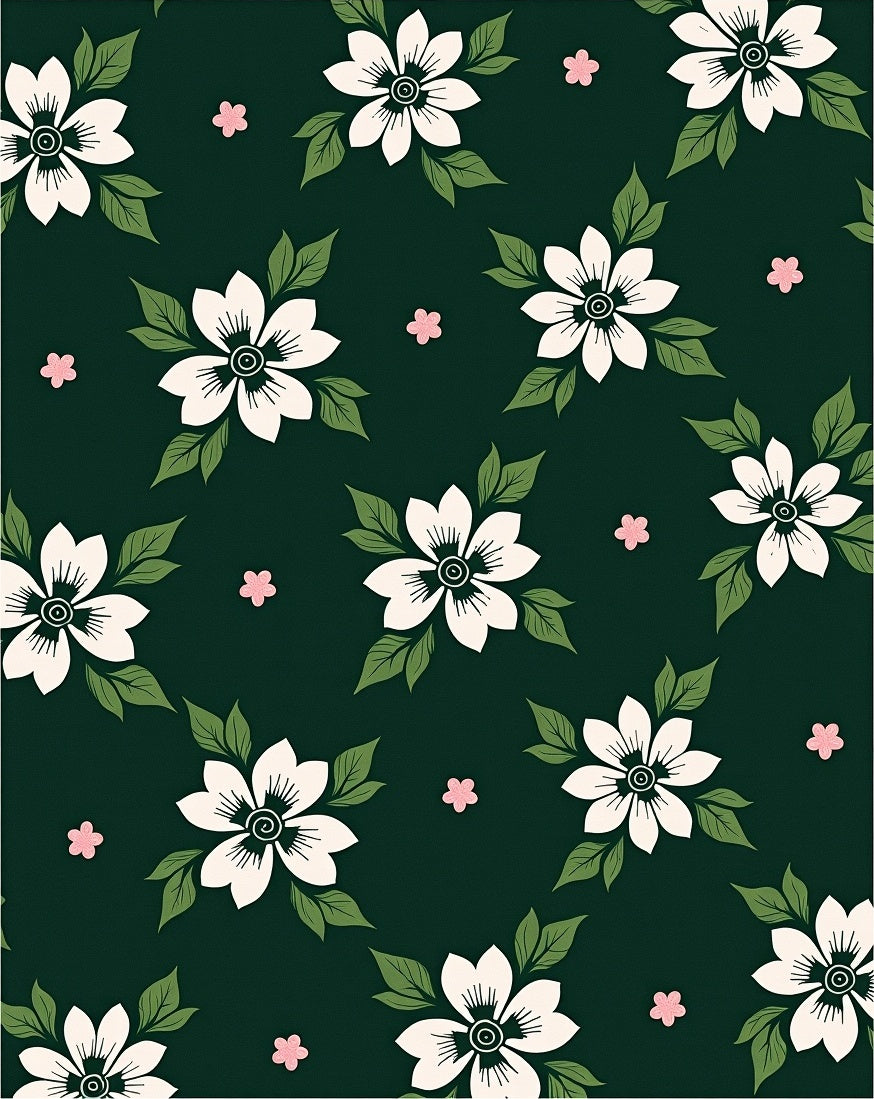White Flower Pattern with Green Leaves Rug