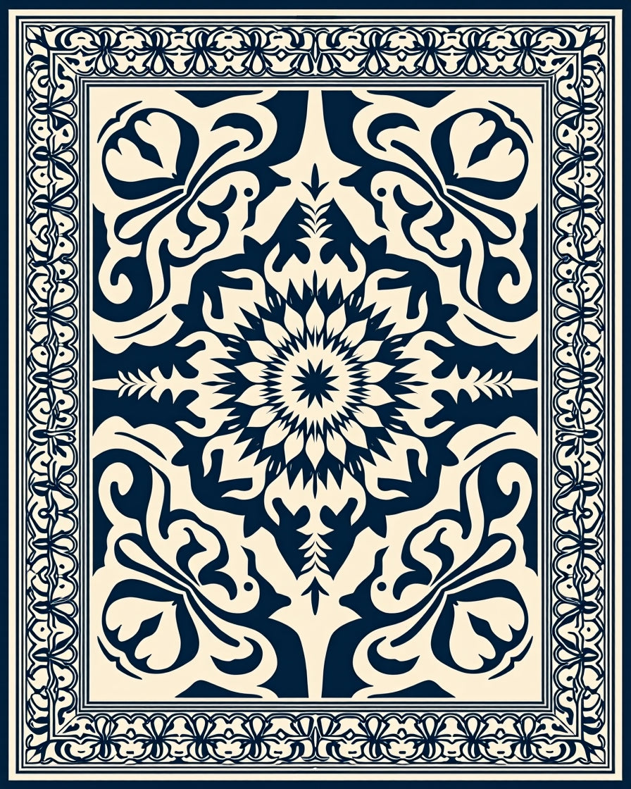 Classic Blue Floral Mandala Pattern Design Rug
