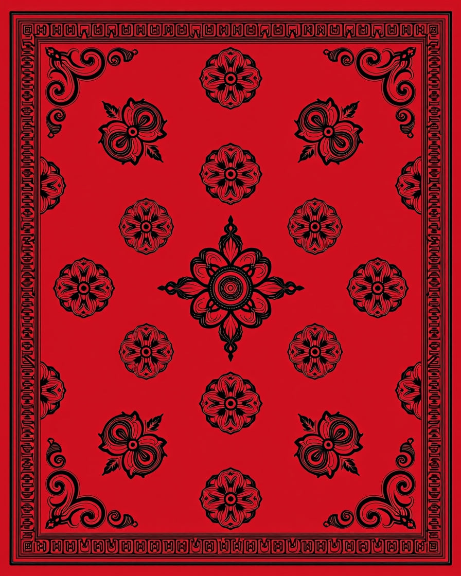 Red Black Floral Pattern Rug