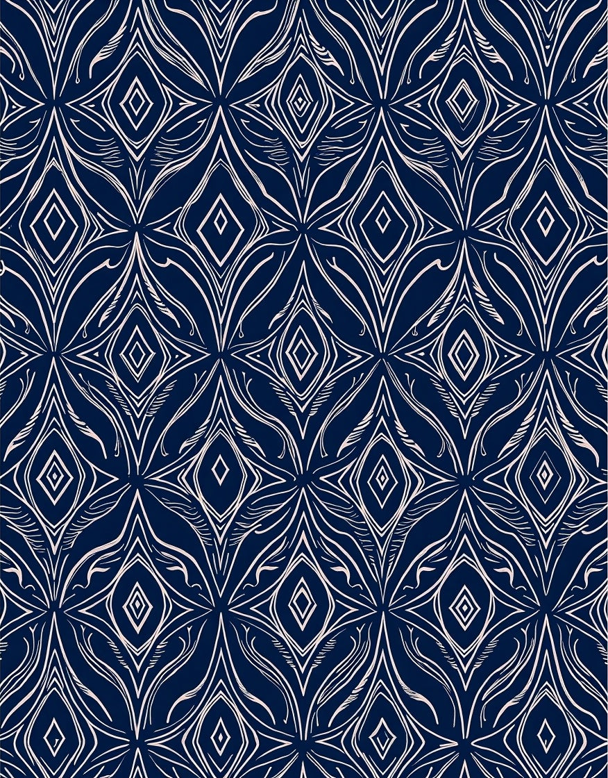 Dark Blue Stylized Floral Gem Pattern Rug