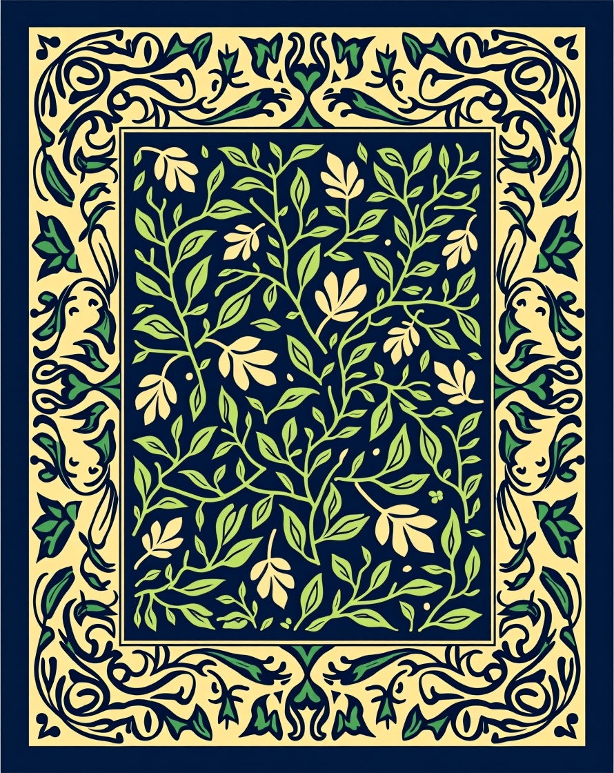 Dark Blue Green Vine Floral Rug