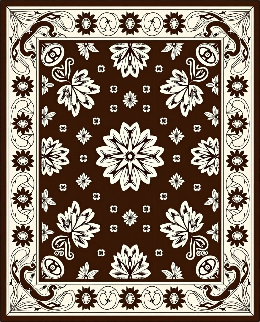 Brown Cream Floral Medallion Design Rug