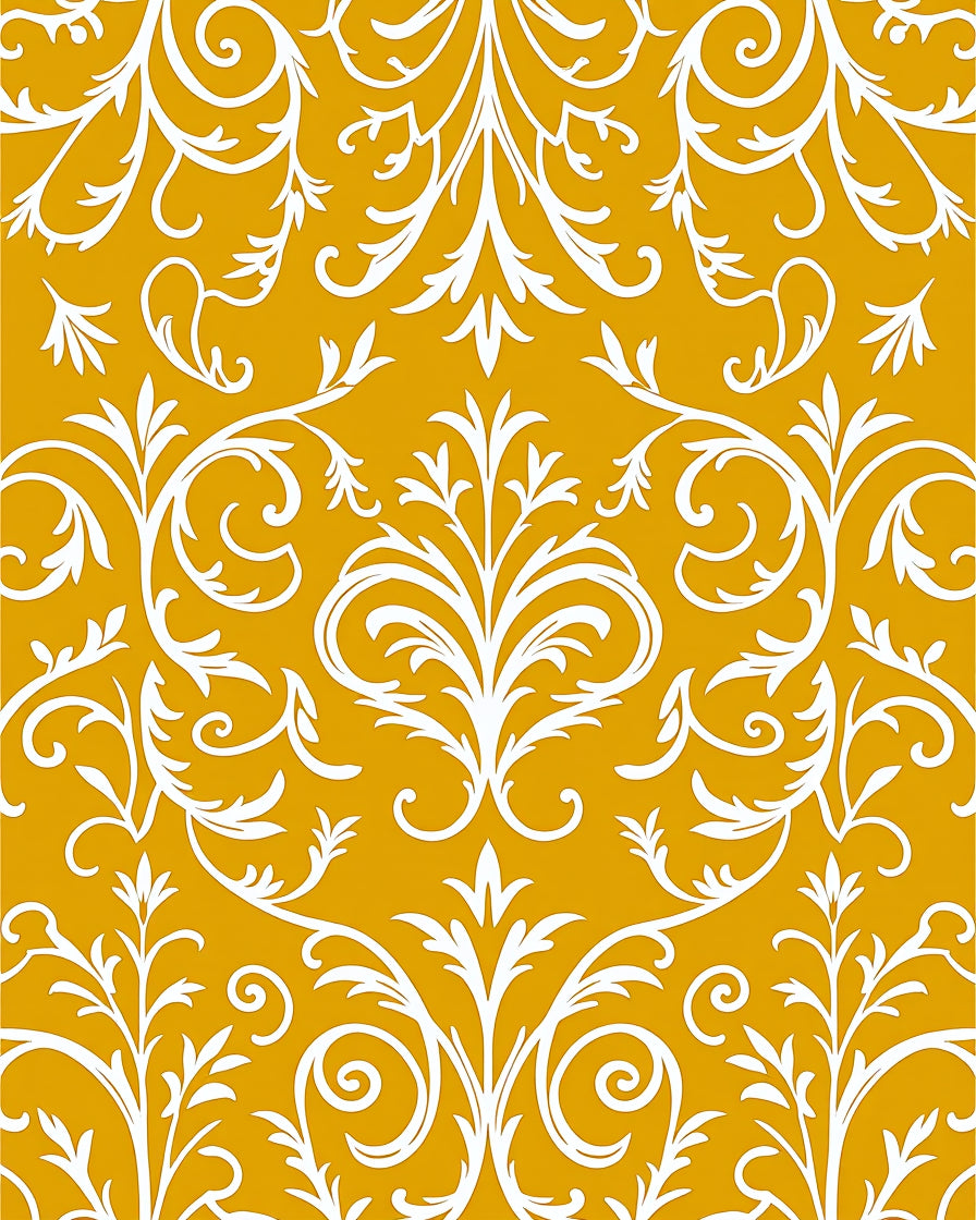 White Scrollwork On Golden Yellow Fabric Rug