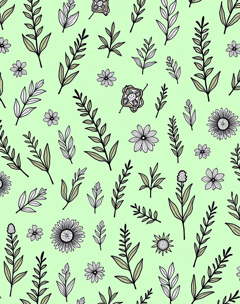 Light Green Botanical Sketch Pattern Rug