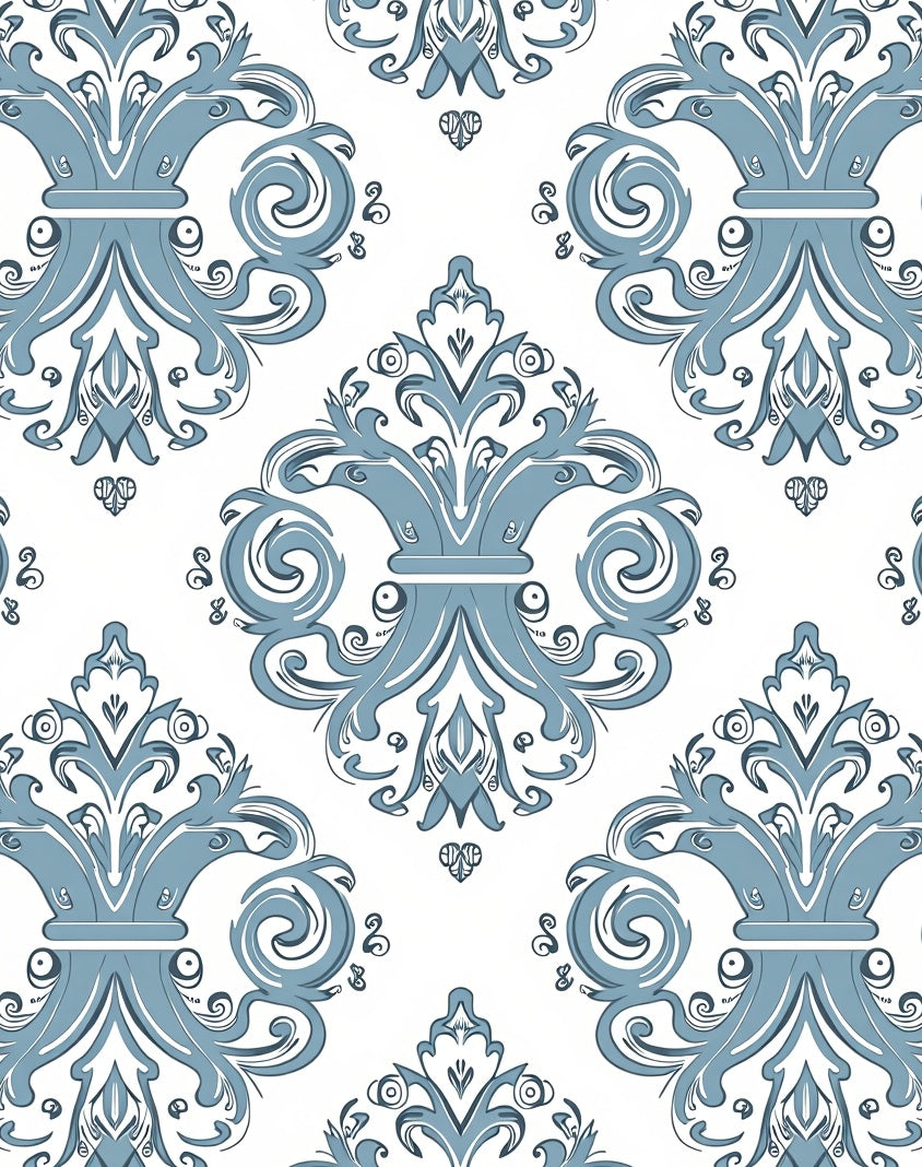 Blue Floral Scroll Damask Pattern Rug