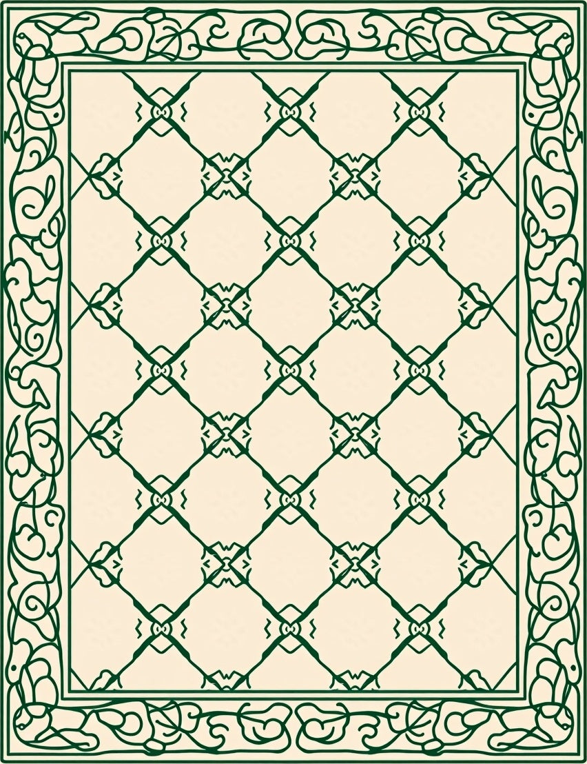 Ornate Cream Green Diamond Border Rug