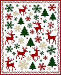 Festive Red Green Deer Snowflakes Trees Border Rug