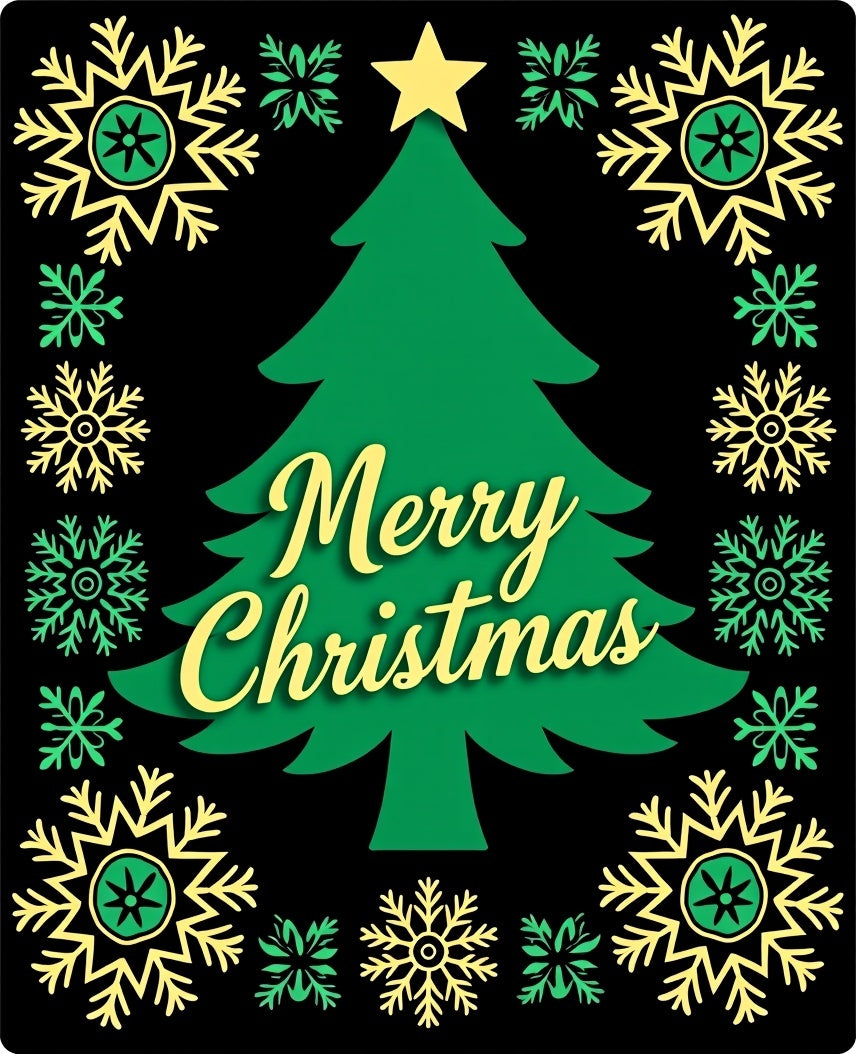 Green Festive Christmas Tree Snowflake Border Rug