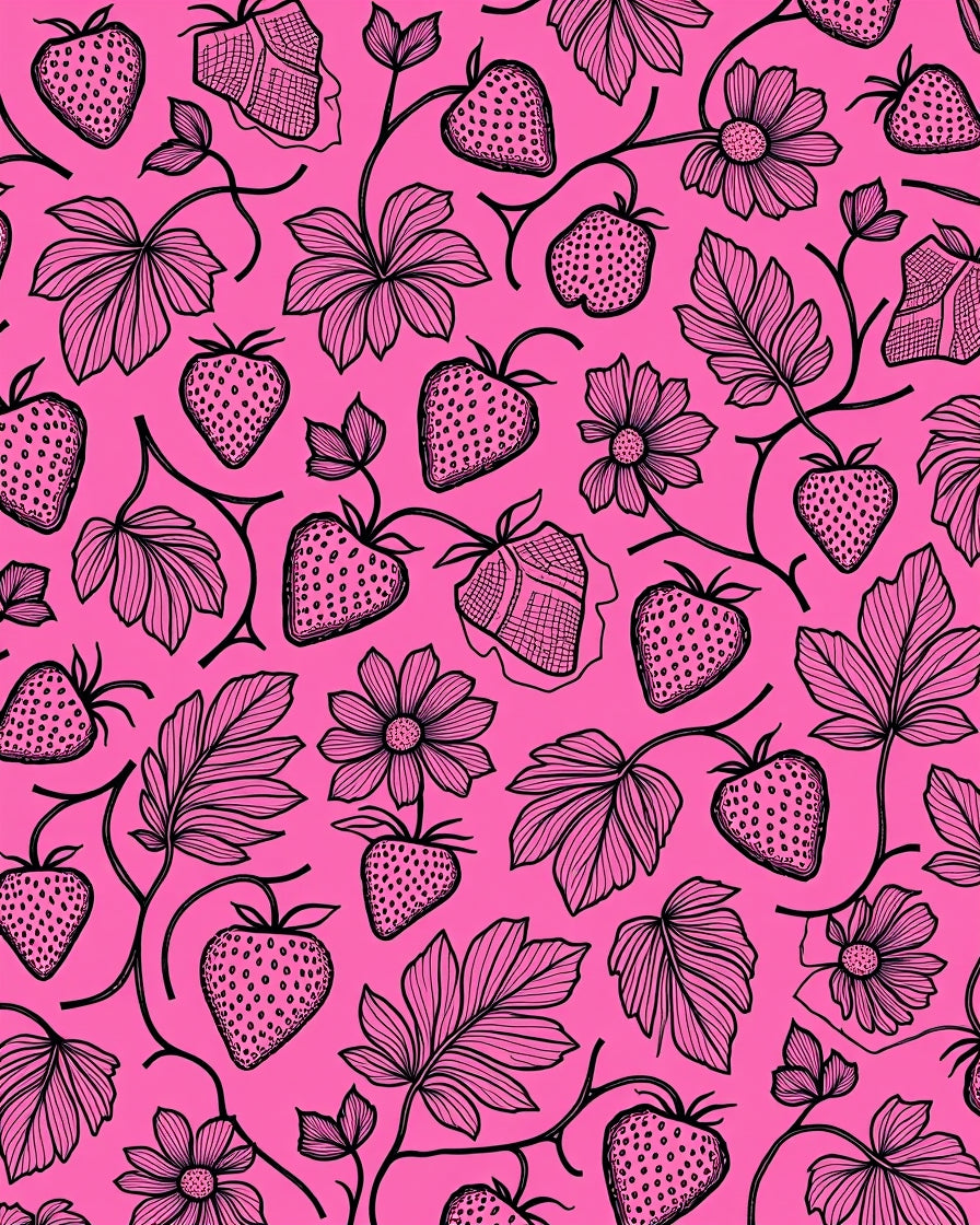 Pink Strawberry Vine Floral Pattern Rug