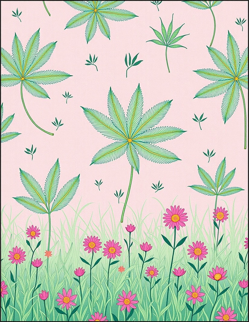 Green Leaf Pink Flower Meadow Rug