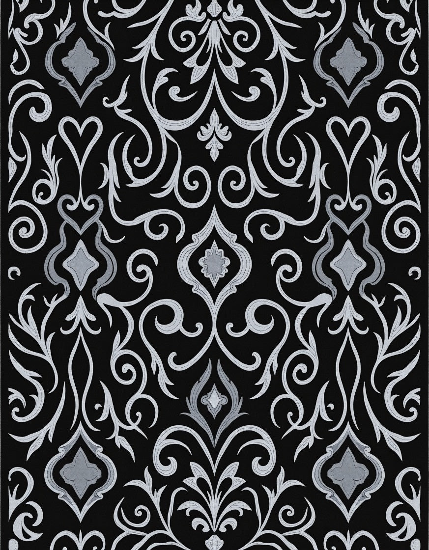 Ornate Black White Damask Pattern Rug
