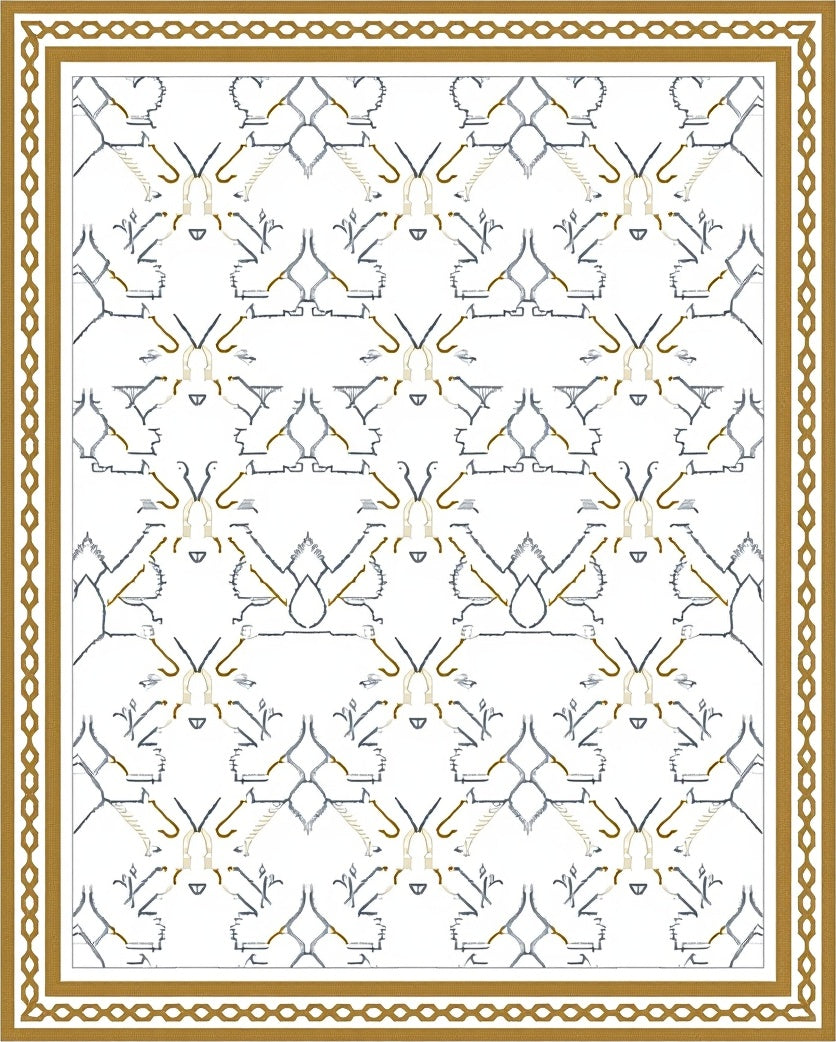 Ornate Golden Bordered Geometric Pattern Rug