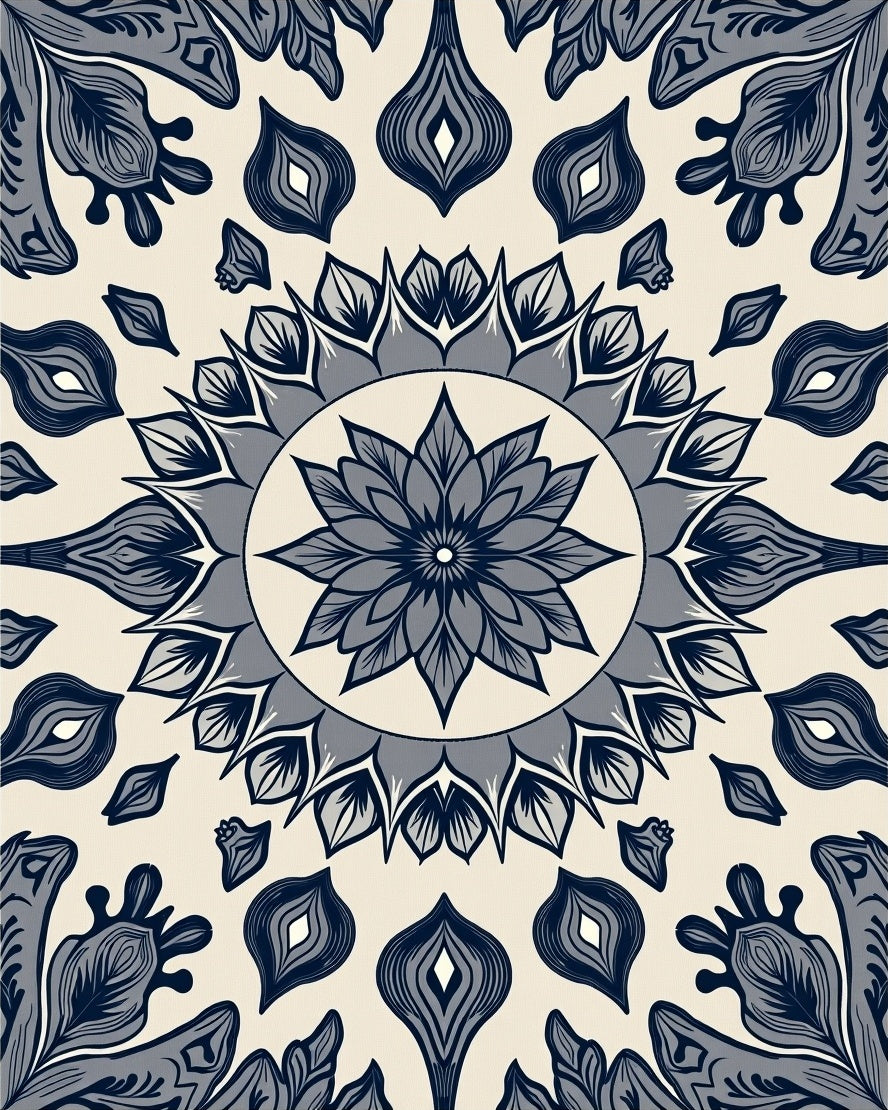 Floral Mandala Blue Cream Pattern Rug