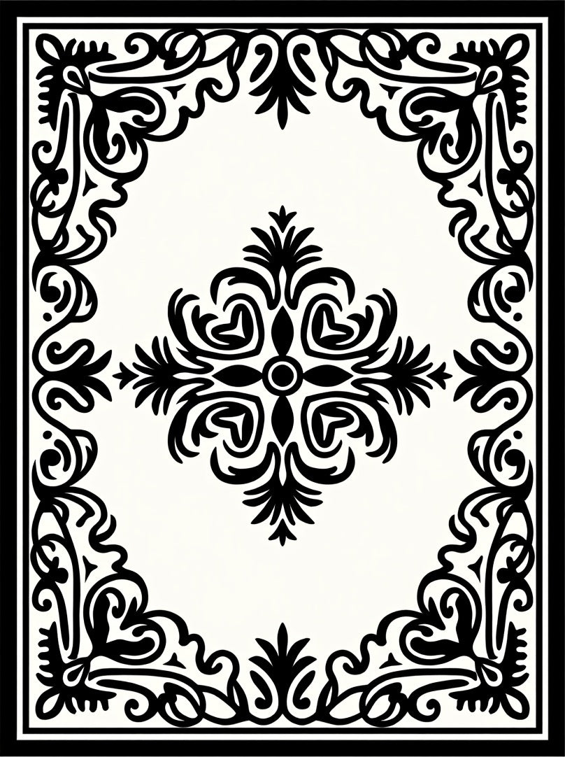 Classic Black Floral Swirl Border Rug