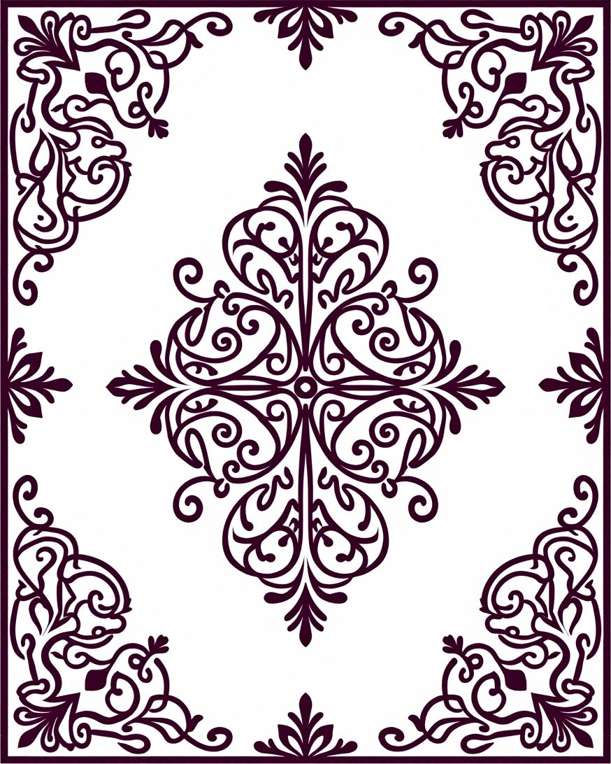 Ornate Corner Scrollwork Pattern Rug