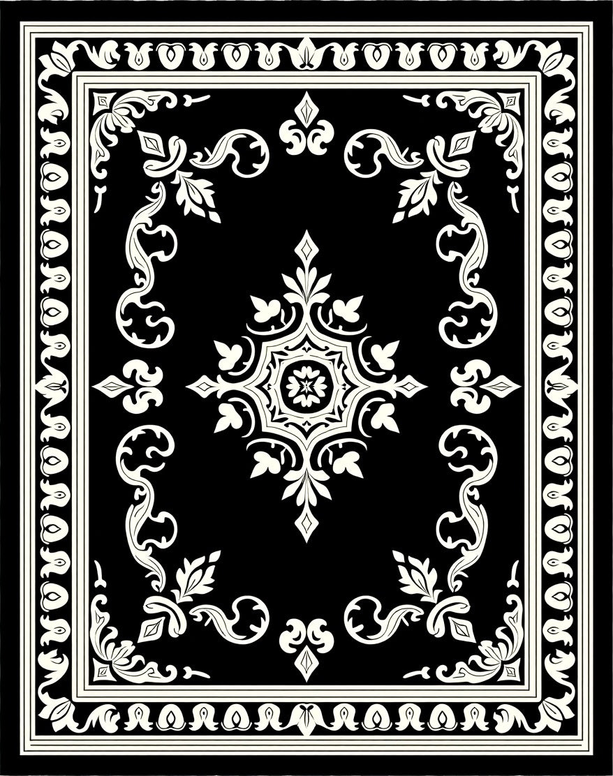 Classic Black White Scroll Pattern Rug