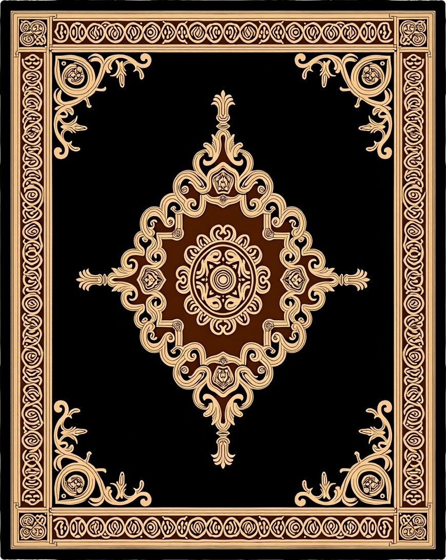 Elegant Ornate Black And Brown Rug
