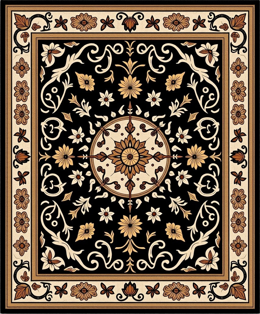Black Floral Scrollwork Medallion Rug
