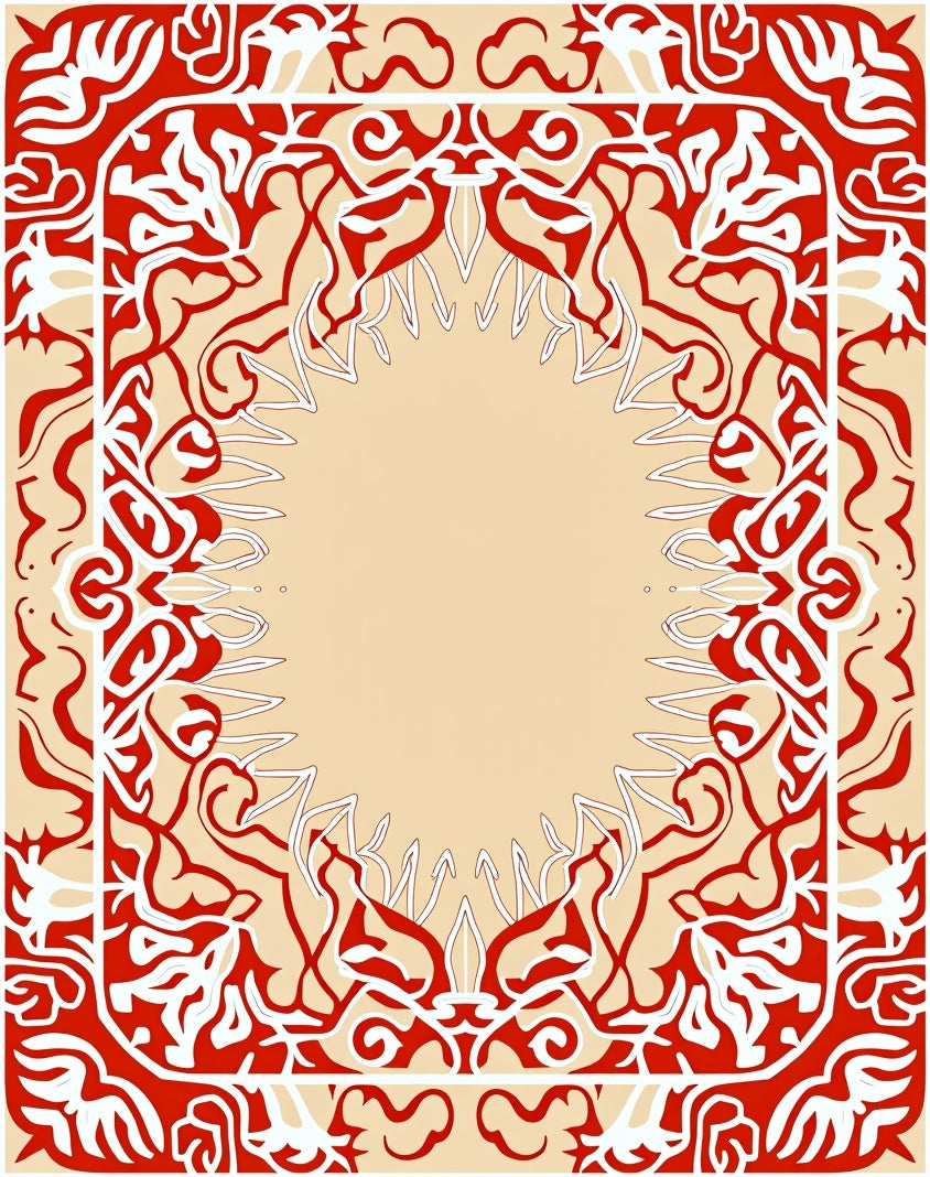 Bold Red White Abstract Floral Frame Rug