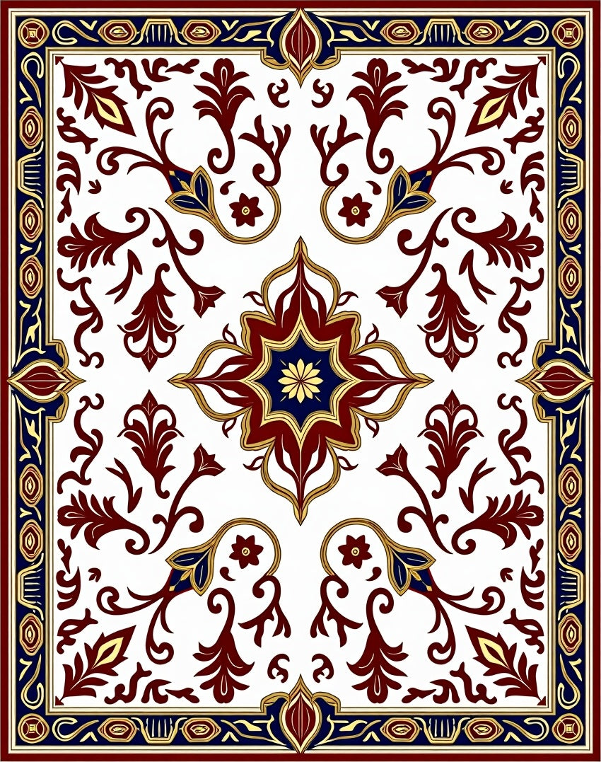Classic Red Blue Gold Floral Medallion Rug