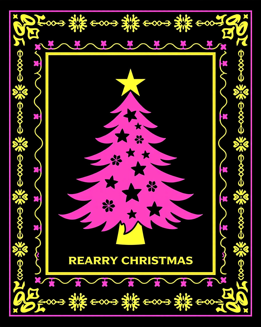 Pink Christmas Tree Geometric Border Rug