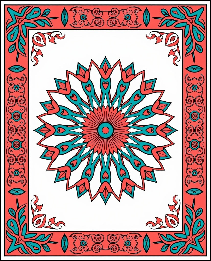 Coral Teal Floral Mandala Design Rug