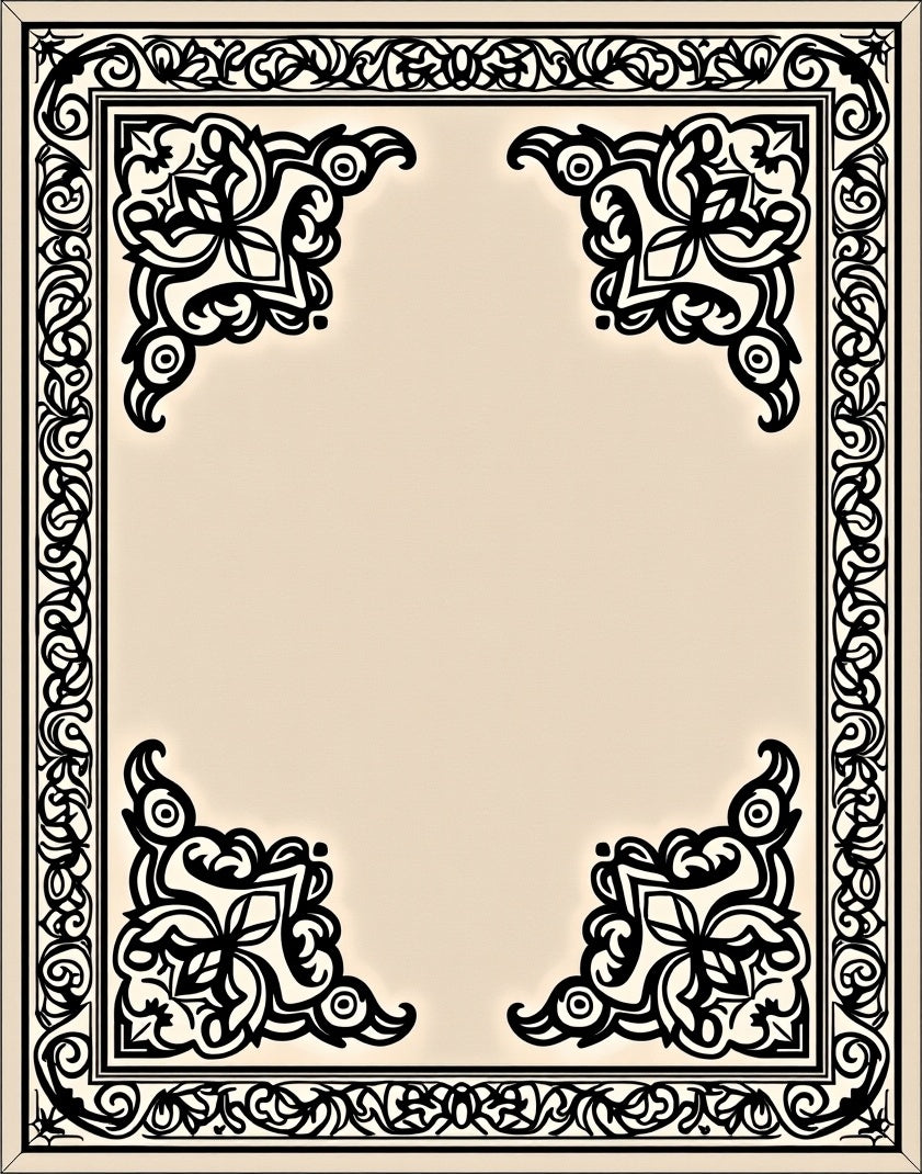 Ornate Black Floral Corner Border Design Rug