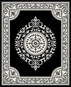 Black White Floral Medallion Border Rug