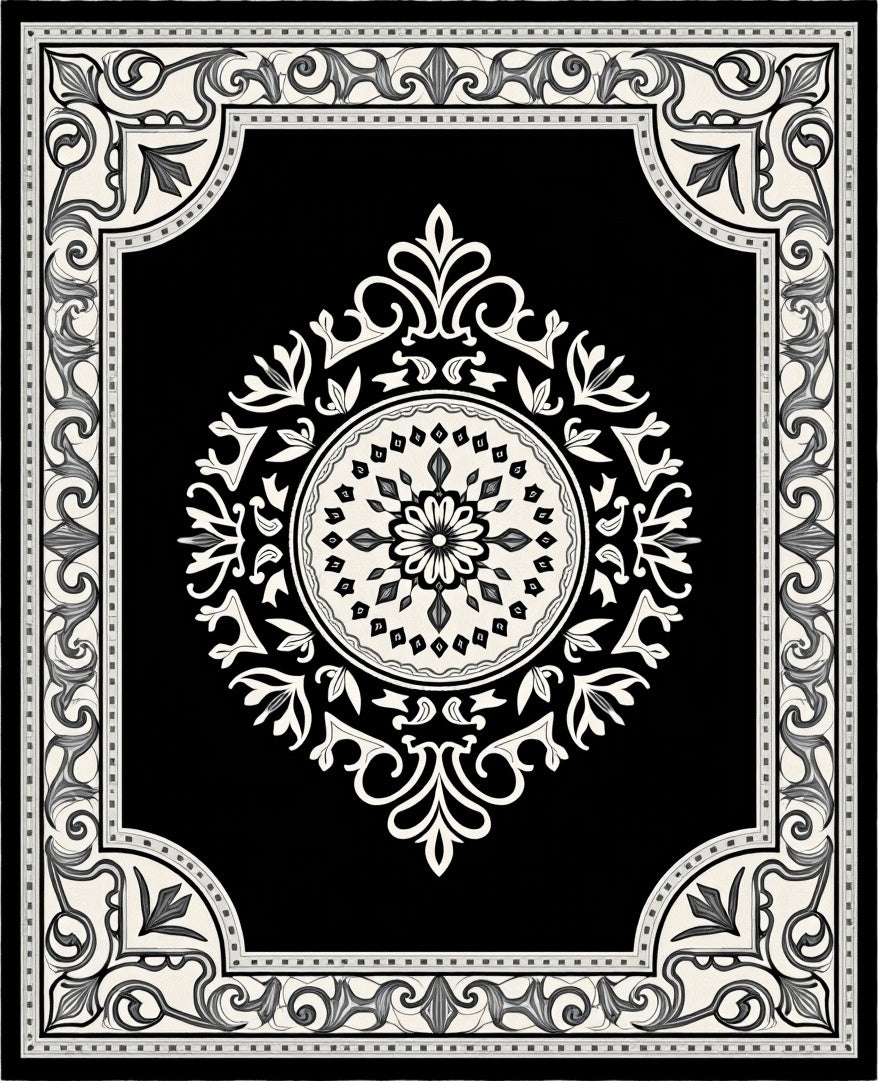 Black White Floral Medallion Border Rug