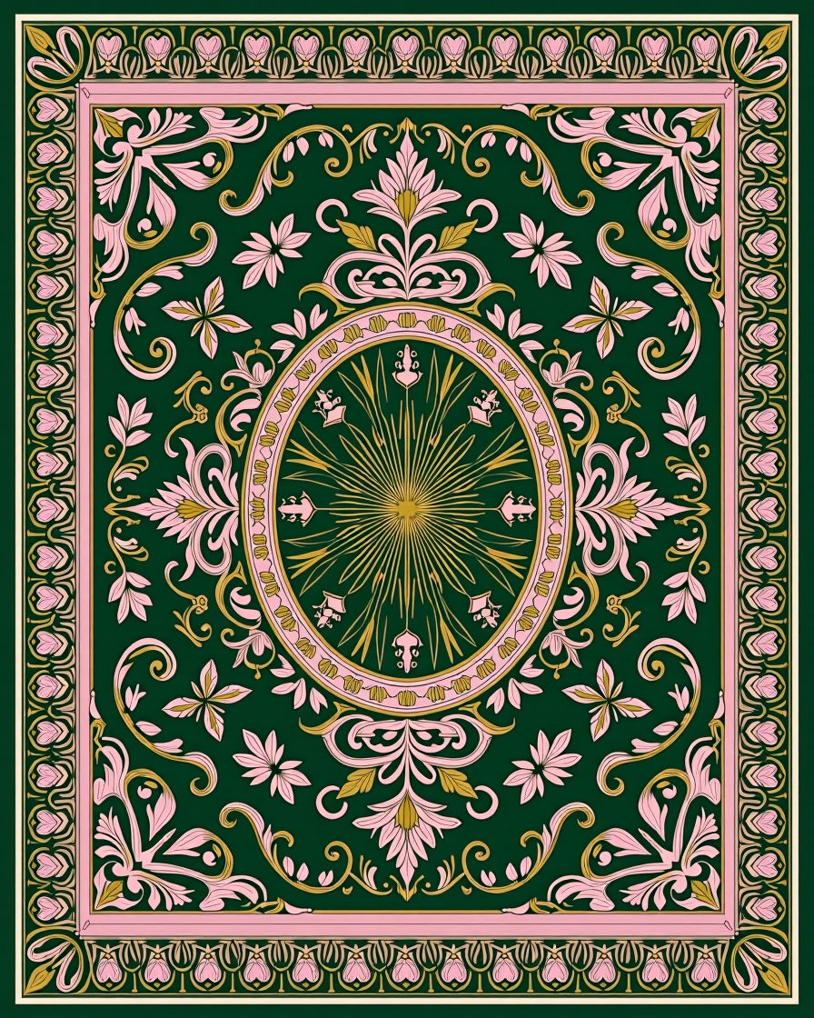 Rich Green Floral Gold Sunburst Rug