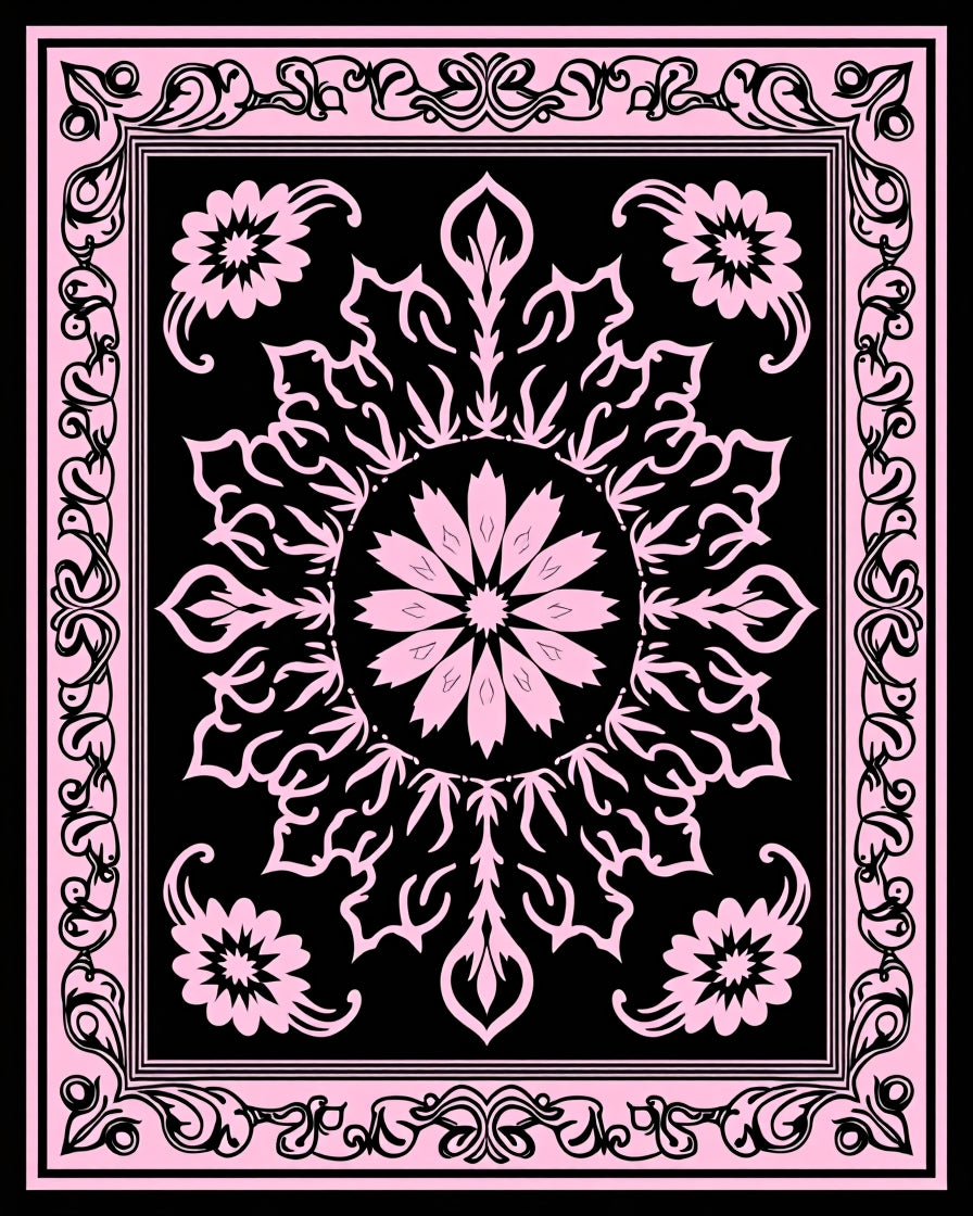 Pink Black Floral Mandala Design Rug