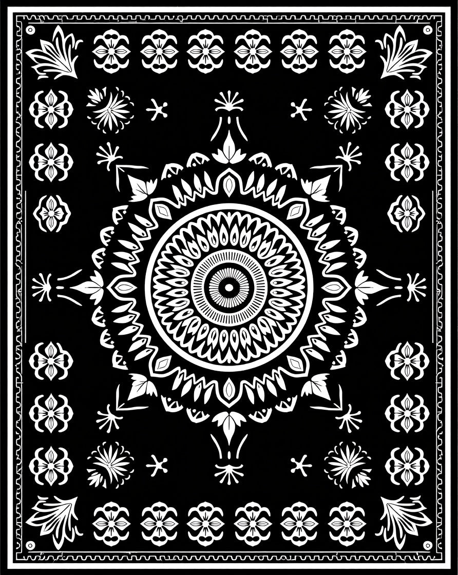 Black White Mandala Floral Pattern Rug