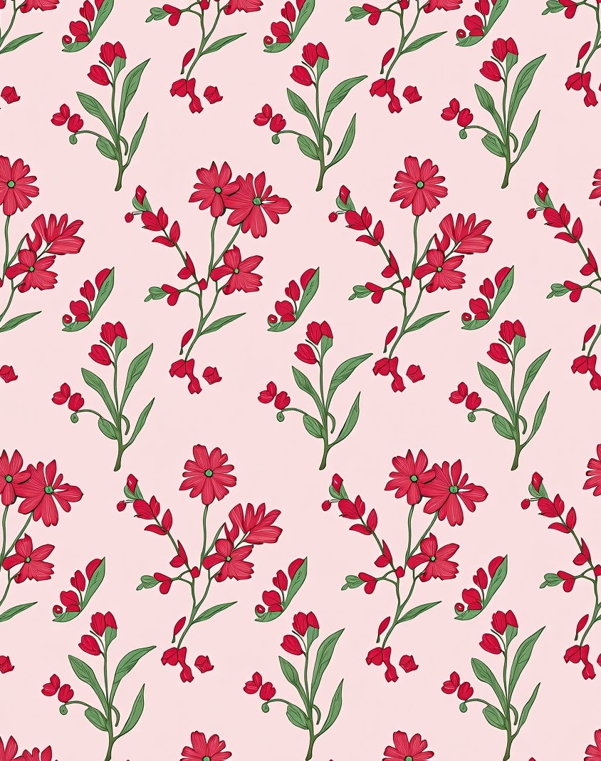 Red Floral Branches On Pink Background Rug
