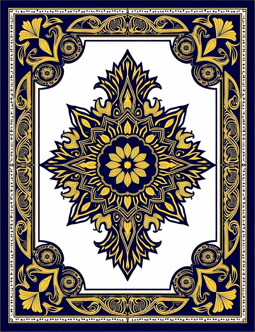 Rich Blue Gold Ornate Floral Rug