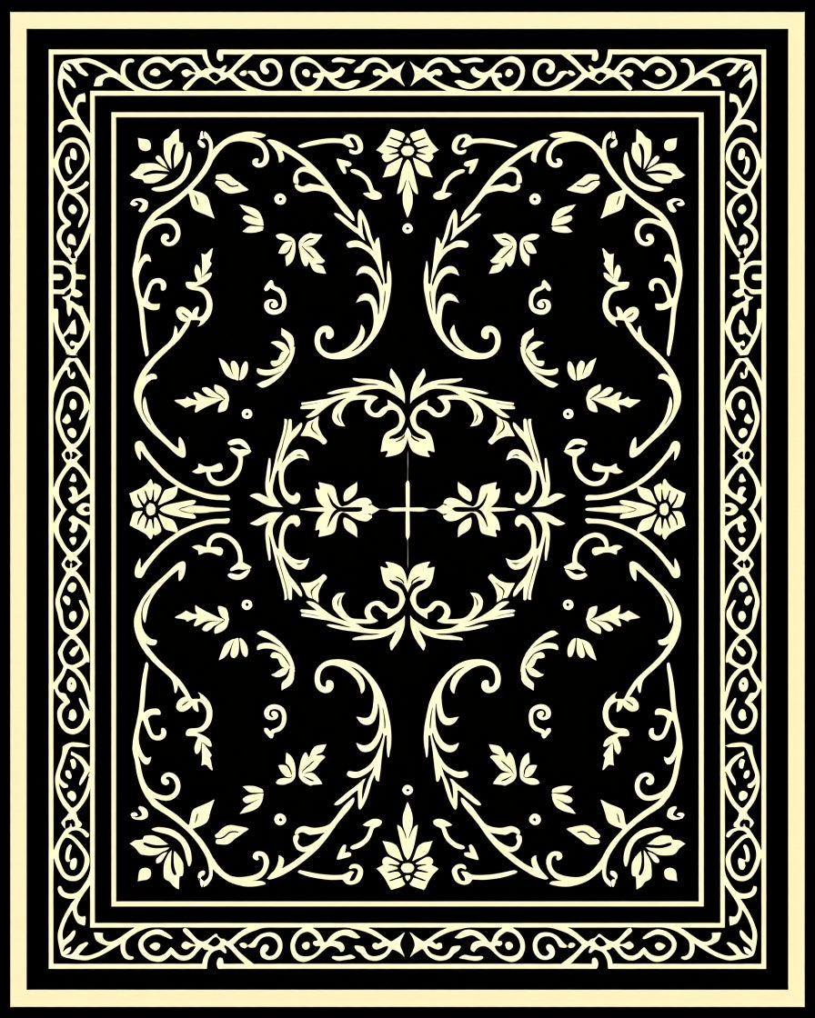 Cream Floral Scrollwork Black Rug
