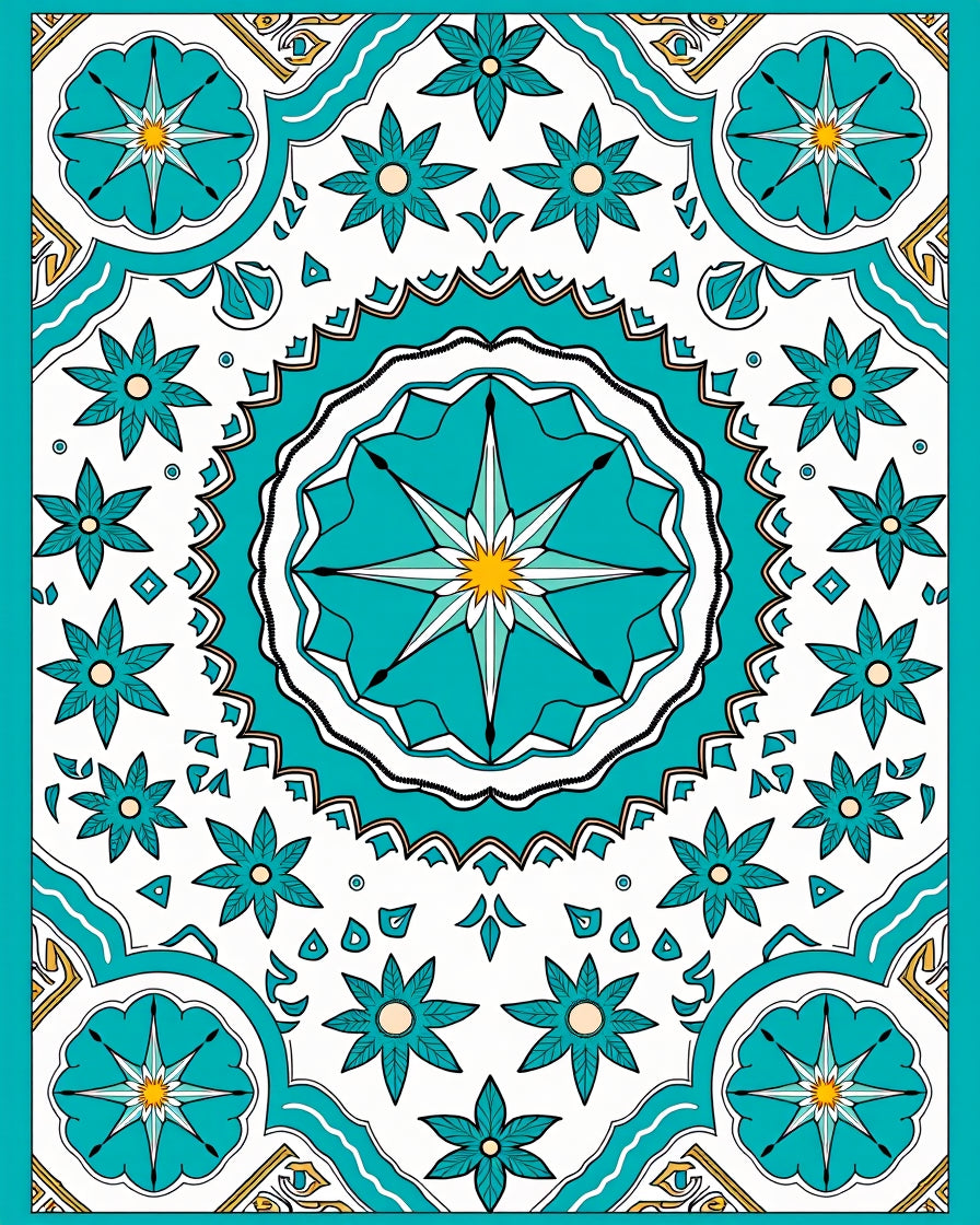 Teal Starburst Floral Mandala Pattern Rug