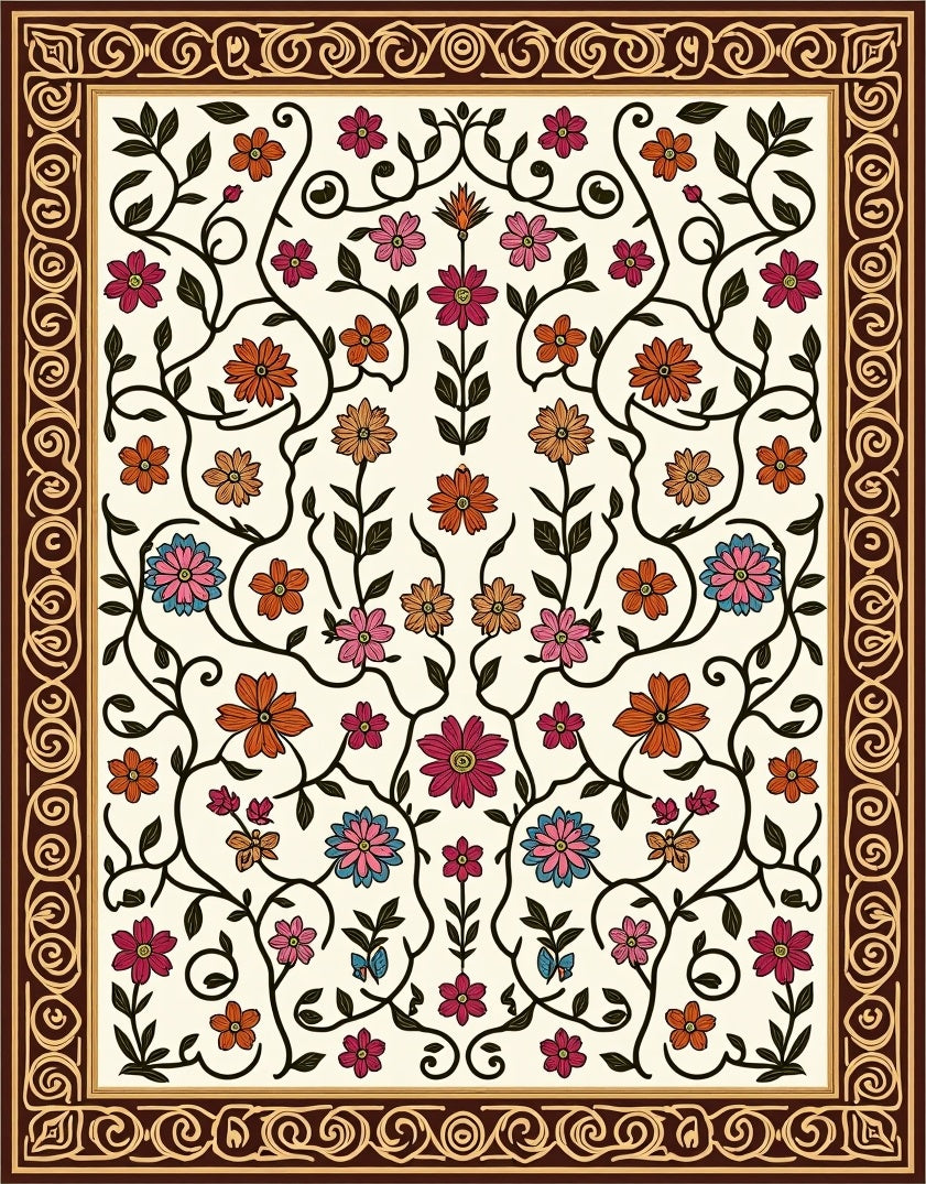 Floral Vine Pattern With Ornate Border Rug