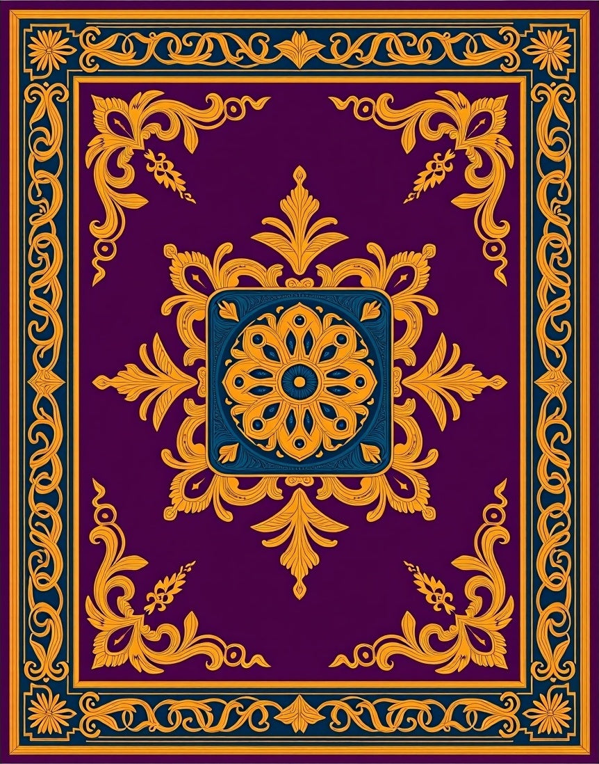 Ornate Gold Floral Medallion Pattern Rug