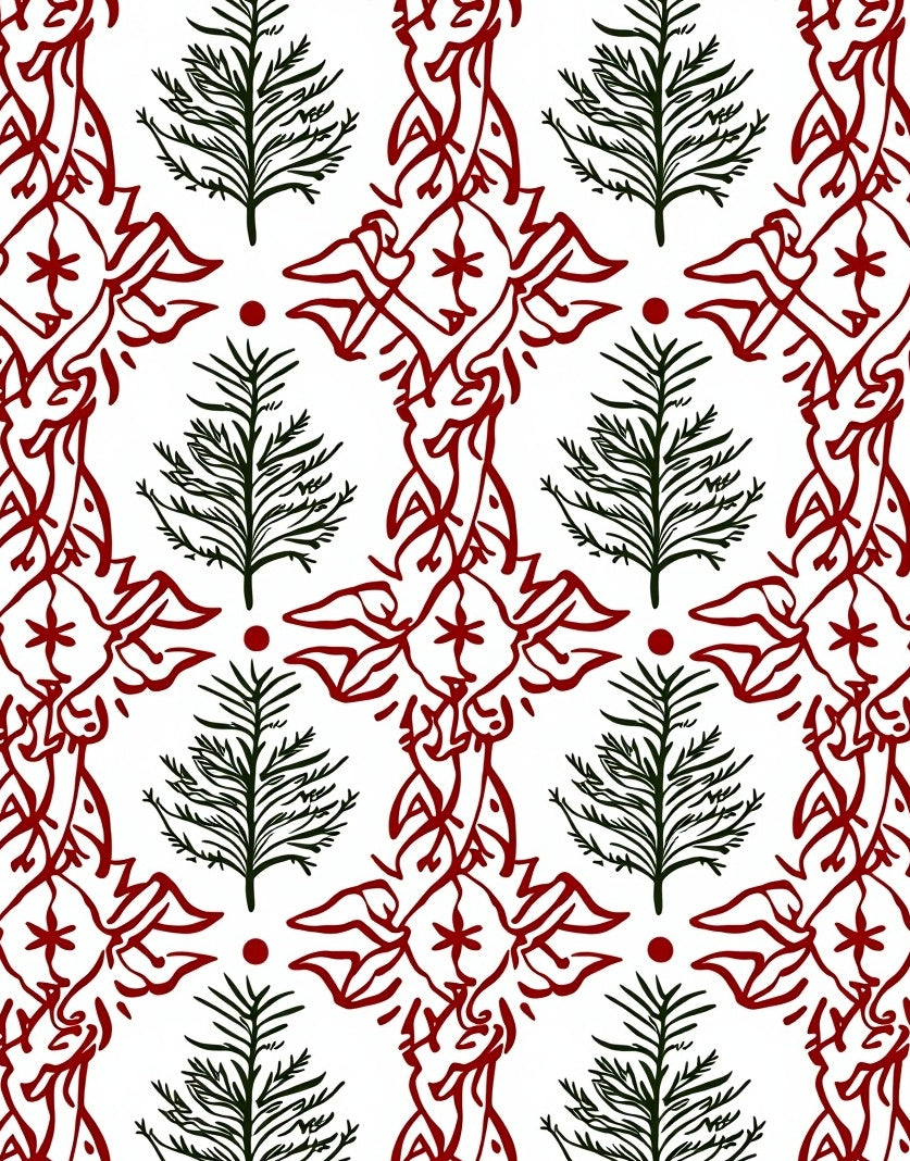 Crimson Red White Abstract Evergreen Motif Rug