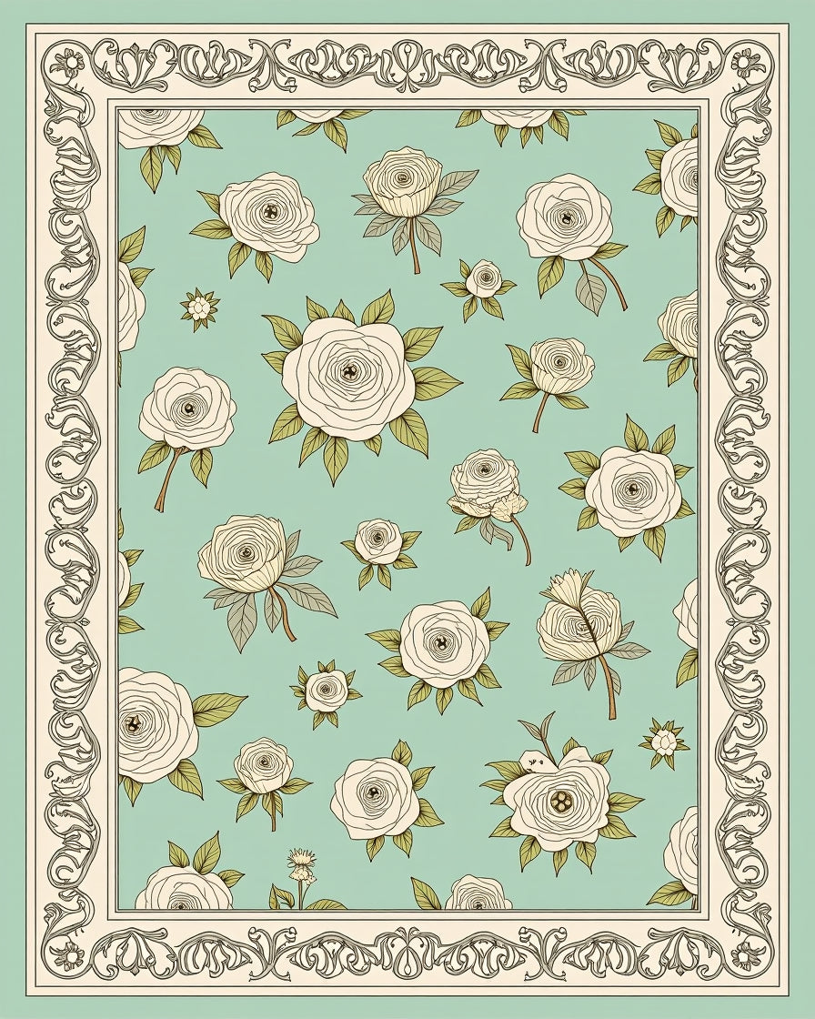 Vintage Floral Outline Border Rug