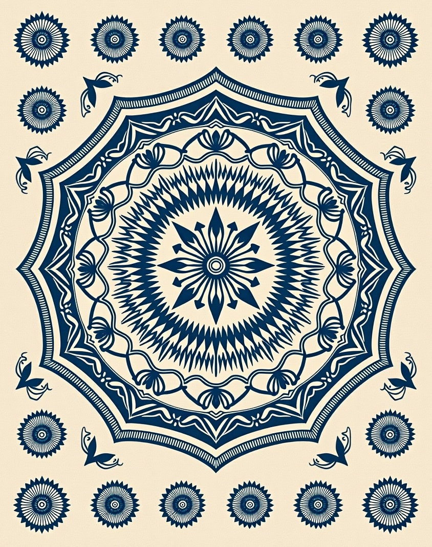 Classic Dark Blue Floral Starburst Rug